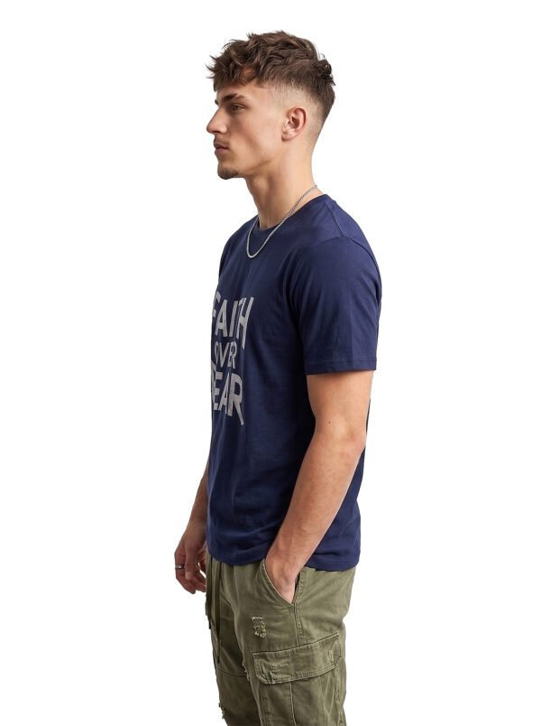 Faith Over Fear Statement Round Neck T-Shirt in Navy Blue, side view