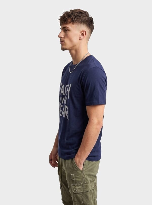 Faith Over Fear Statement Round Neck T-Shirt in Navy Blue, side view