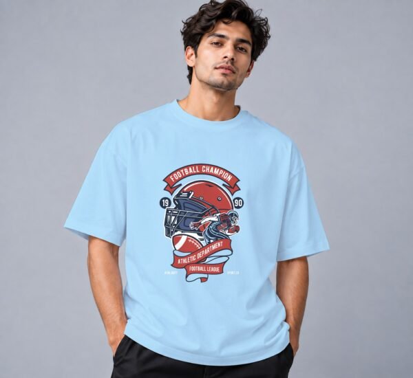 Football Champion League 240 GSM Oversized Tee in baby blue, front view – Kool Kameez