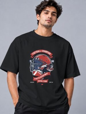 football-champion-league-tshirt-black-front Football Champion League 240 GSM Oversized Tee in black, front view – Kool Kameez