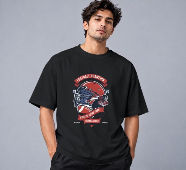 Football Champion League 240 GSM Oversized Tee in black, front view – Kool Kameez