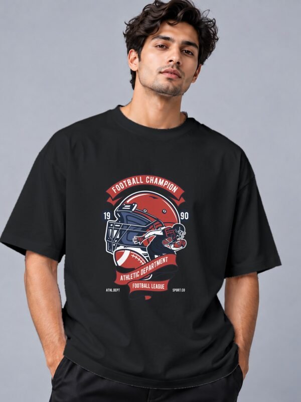football-champion-league-tshirt-black-front Football Champion League 240 GSM Oversized Tee in black, front view – Kool Kameez