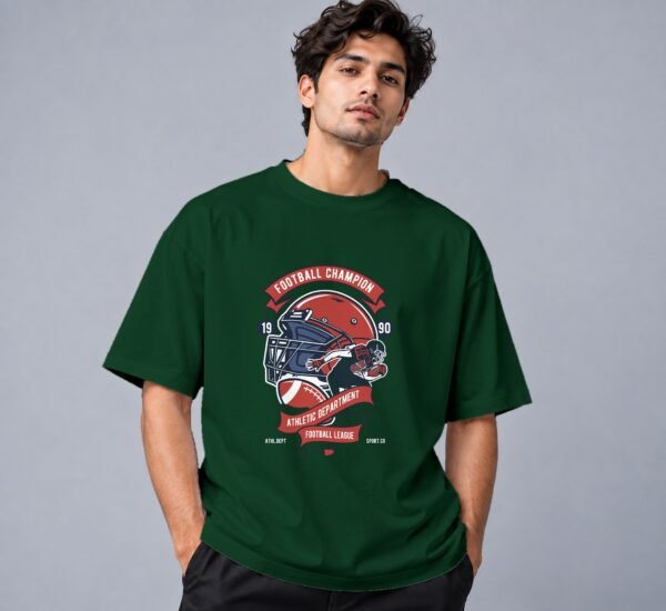 Football Champion League 240 GSM Oversized Tee in bottle green, front view – Kool Kameez