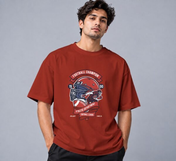 Football Champion League Retro Round Neck T-Shirt in brick red, front view – Kool Kameez