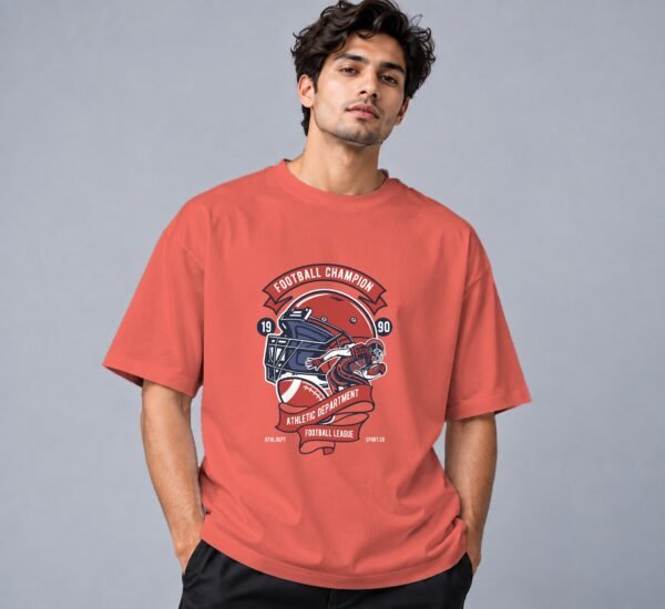 Football Champion League 240 GSM Oversized Tee in coral, front view – Kool Kameez