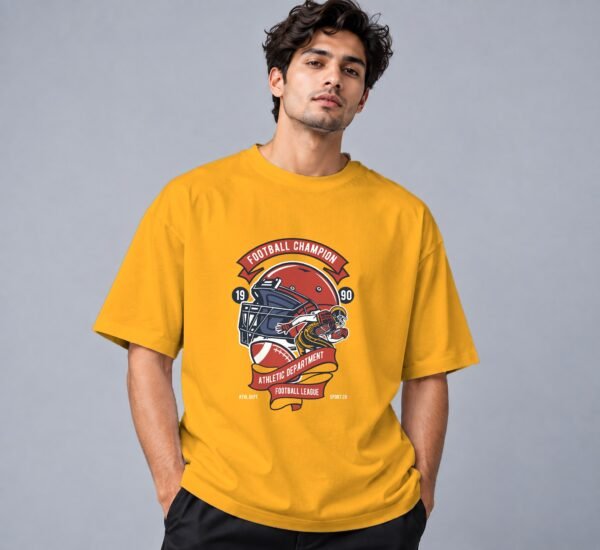 Football Champion League 240 GSM Oversized Tee in golden yellow, front view – Kool Kameez