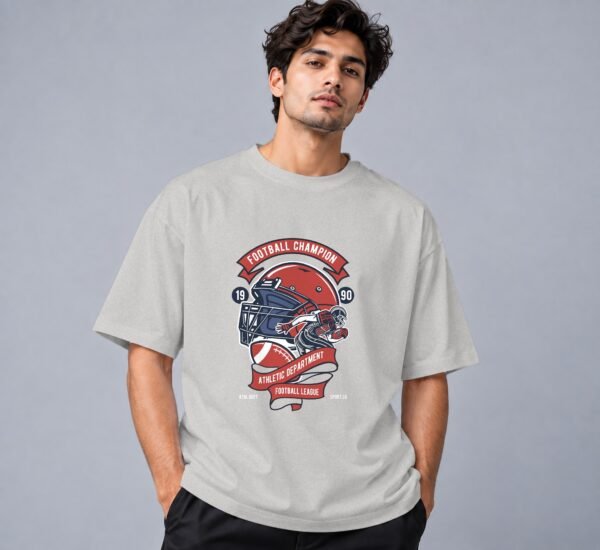 Football Champion League 240 GSM Oversized Tee in grey melange, front view – Kool Kameez