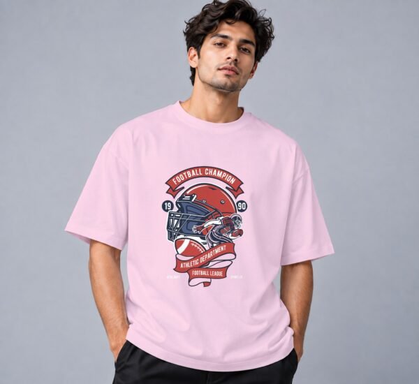 Football Champion League 240 GSM Oversized Tee in light baby pink, front view – Kool Kameez