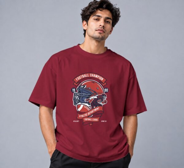 Football Champion League 240 GSM Oversized Tee in maroon, front view – Kool Kameez
