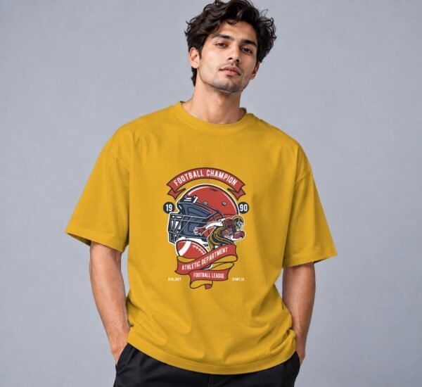 Football Champion League 240 GSM Oversized Tee in mustard yellow, front view – Kool Kameez