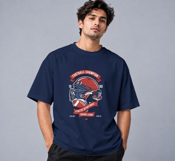 Football Champion League 240 GSM Oversized Tee in navy blue, front view – Kool Kameez