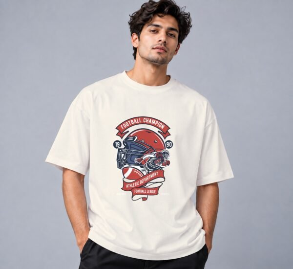 Football Champion League 240 GSM Oversized Tee in off white, front view – Kool Kameez