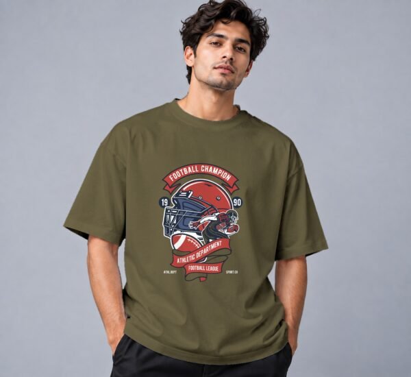 Football Champion League 240 GSM Oversized Tee in olive green, front view – Kool Kameez