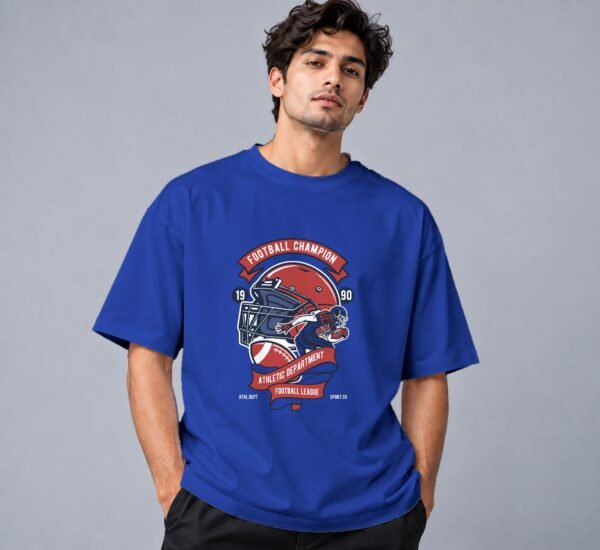 Football Champion League 240 GSM Oversized Tee in royal blue, front view – Kool Kameez