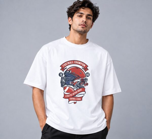 Football Champion League 240 GSM Oversized Tee in white, front view – Kool Kameez