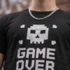 Game Over Pixel Skull Round Neck T-Shirt in Black, print close-up