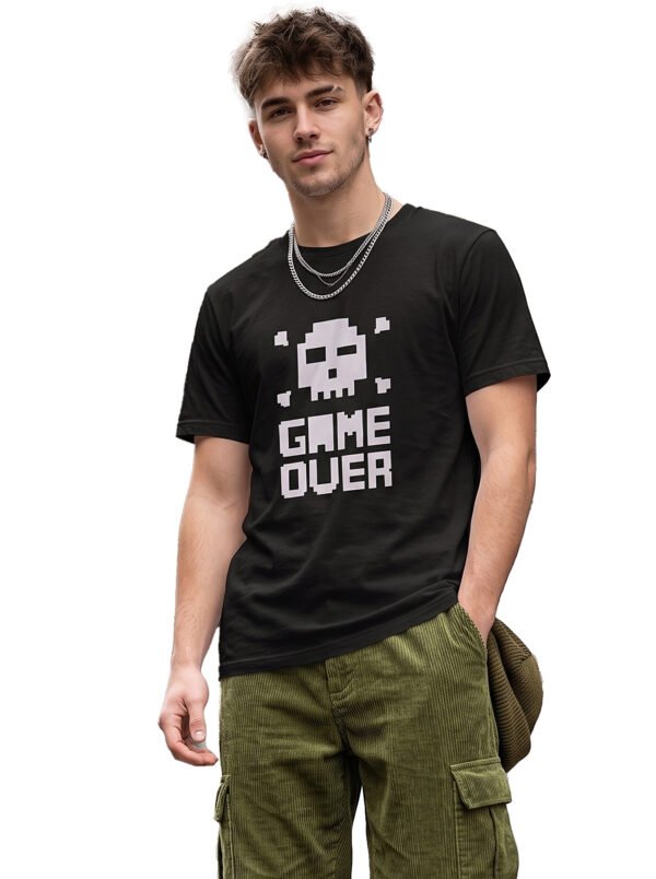 Game Over Pixel Skull Round Neck T-Shirt in Black, front view Game Over Pixel Skull Round Neck T-Shirt in Black, front view