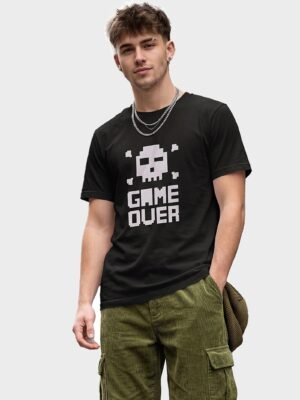 Game Over Pixel Skull Round Neck T-Shirt in Black, front view