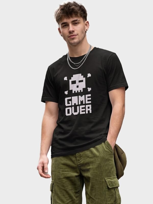 Game Over Pixel Skull Round Neck T-Shirt in Black, front view Game Over Pixel Skull Round Neck T-Shirt in Black, front view