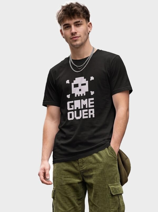Game Over Pixel Skull Round Neck T-Shirt in Black, front view Game Over Pixel Skull Round Neck T-Shirt in Black, front view