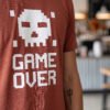 Game Over Pixel Skull Round Neck T-Shirt in Brown, print close-up