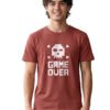Game Over Pixel Skull Round Neck T-Shirt in Brown, front view