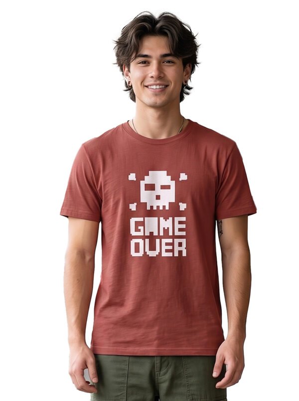 Game Over Pixel Skull Round Neck T-Shirt in Brown, front view Game Over Pixel Skull Round Neck T-Shirt in Brown, front view