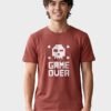 Game Over Pixel Skull Round Neck T-Shirt in Brown, front view