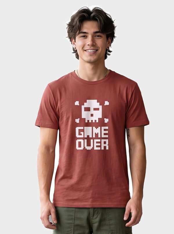 Game Over Pixel Skull Round Neck T-Shirt in Brown, front view Game Over Pixel Skull Round Neck T-Shirt in Brown, front view