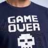Game Over Pixel Skull Round Neck T-Shirt in Navy Blue, print close-up