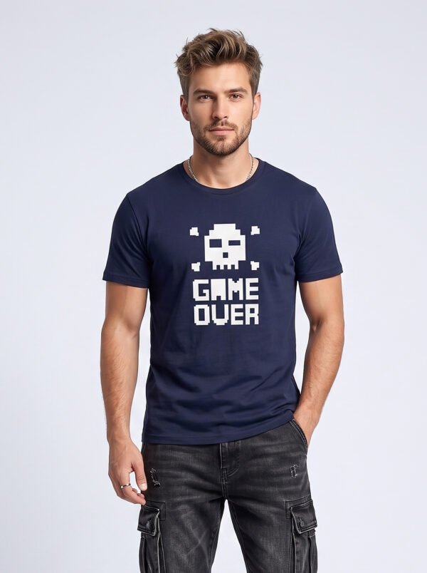 Game Over Pixel Skull Round Neck T-Shirt in Navy Blue, front view Game Over Pixel Skull Round Neck T-Shirt in Navy Blue, front view