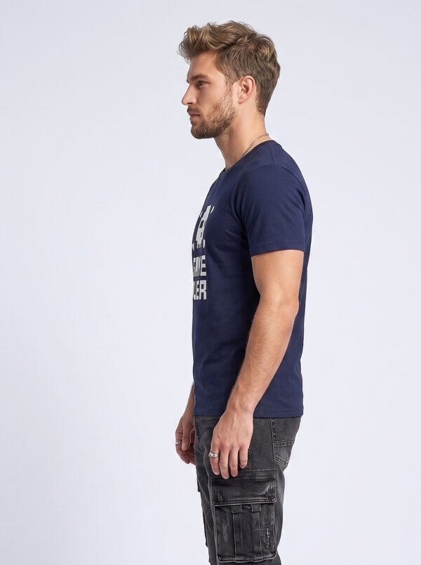 Game Over Pixel Skull Round Neck T-Shirt in Navy Blue, side view Game Over Pixel Skull Round Neck T-Shirt in Navy Blue, side view