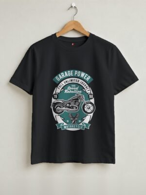 Garage Power Motorcycle Retro Round Neck T-Shirt - Black - Front View Garage Power Motorcycle Retro Round Neck T-Shirt - Black - Front View