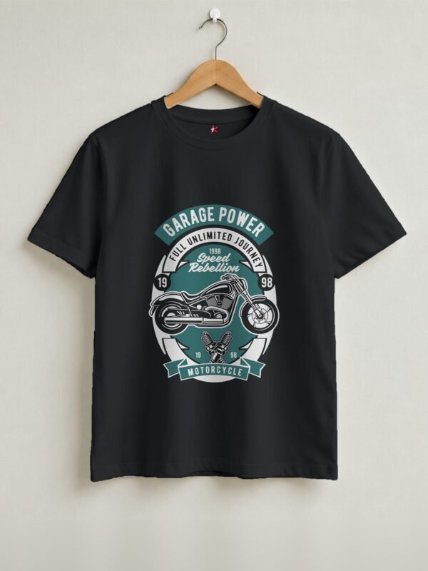 Garage Power Motorcycle Retro Round Neck T-Shirt - Black - Front View