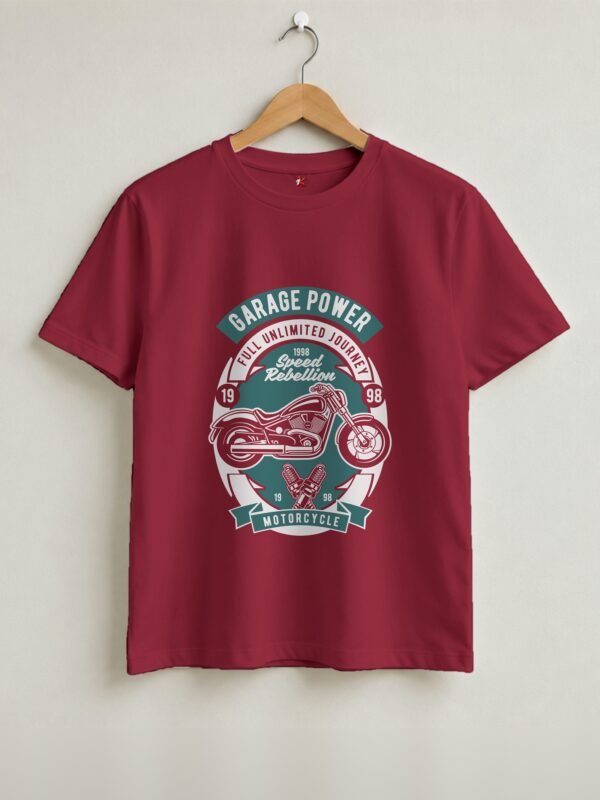 Garage Power Motorcycle Retro Round Neck T-Shirt - Maroon - Front View