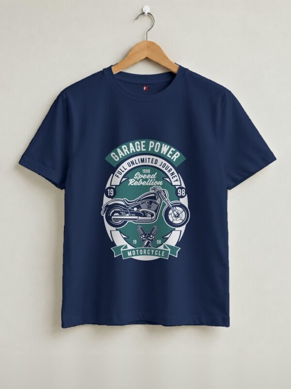 Garage Power Motorcycle Retro Round Neck T-Shirt - Navy Blue - Front View