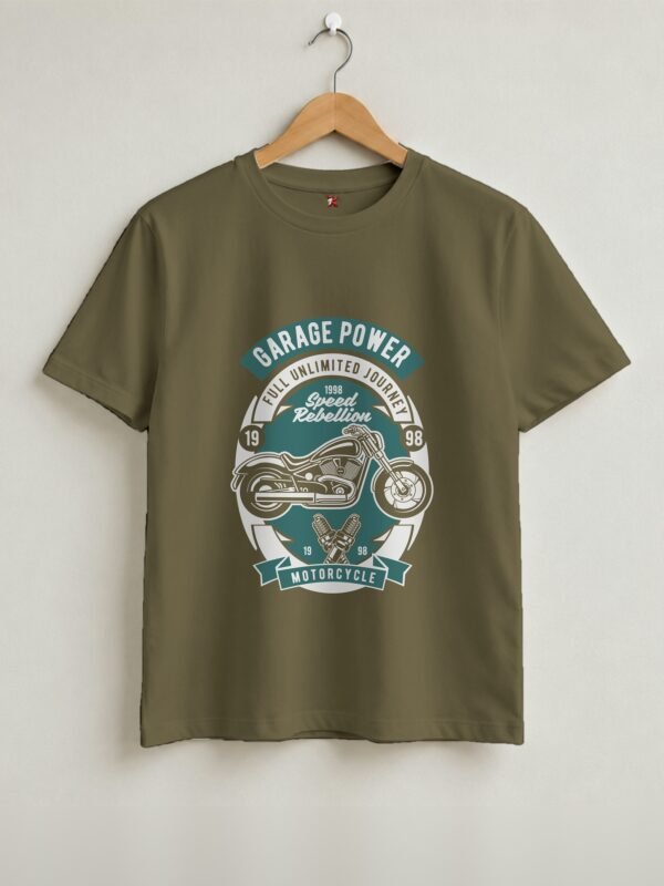 Garage Power Motorcycle Retro Round Neck T-Shirt - Olive Green - Front View