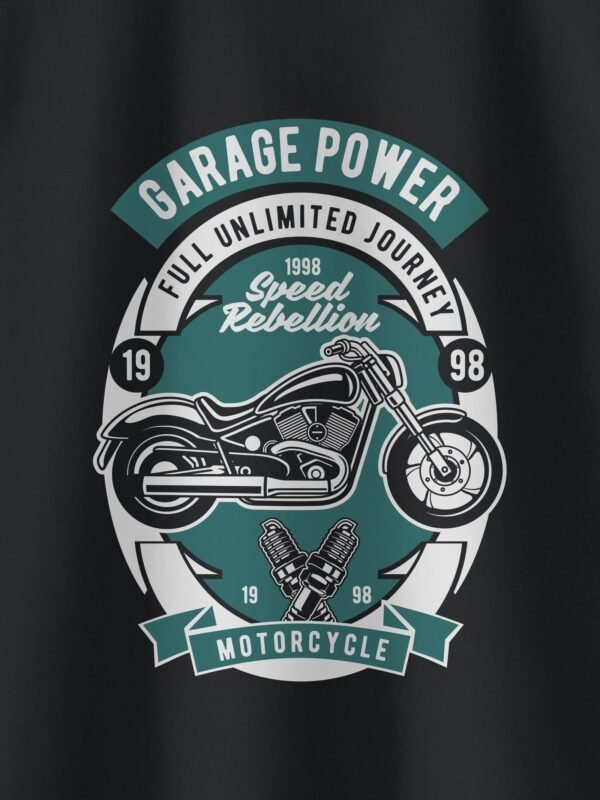Garage Power Motorcycle Retro Round Neck T-Shirt - Print Detail