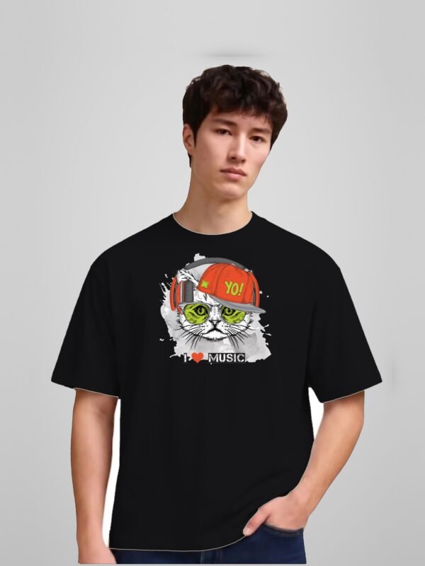 I Love Music Cat Yo Round Neck T-Shirt