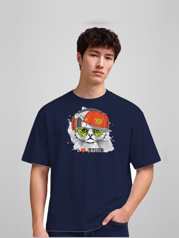 i-love-music-cat-yo-round-neck-tshirt-navy-blue-full I Love Music cat yo round neck t-shirt in navy blue, front
