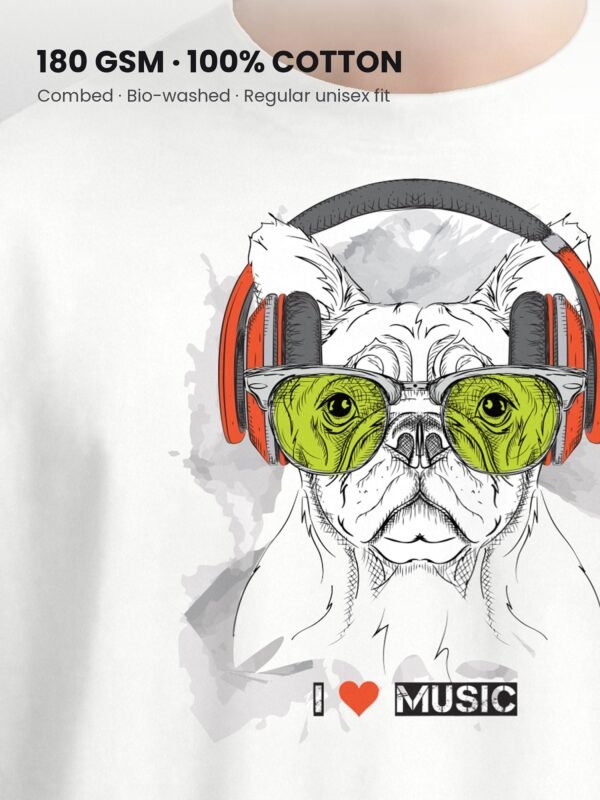 i love music french bulldog round neck tshirt fabric detail