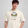 I Love Music french bulldog round neck t-shirt in off white, front