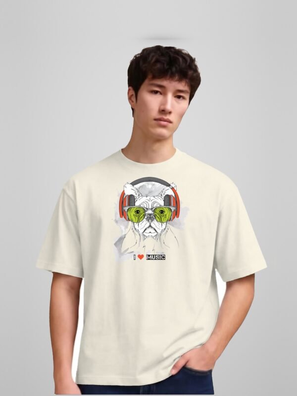 I Love Music french bulldog round neck t-shirt in off white, front