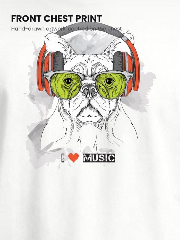 i love music french bulldog round neck tshirt print detail
