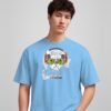 I Love Music french bulldog round neck t-shirt in sky blue, front