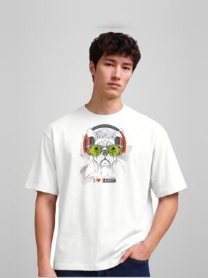 i-love-music-french-bulldog-round-neck-tshirt-white-full I Love Music french bulldog round neck t-shirt in white, front