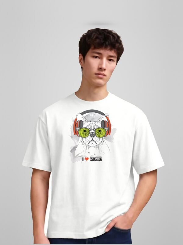 I Love Music French Bulldog Round Neck T-Shirt