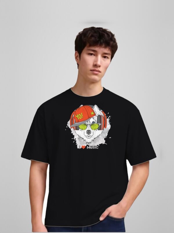 I Love Music husky yo round neck t-shirt in black, front