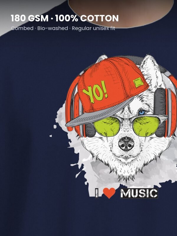 i love music husky yo round neck tshirt fabric detail