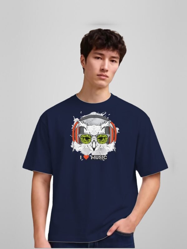 i-love-music-owl-round-neck-tshirt-navy-blue-full I Love Music owl round neck t-shirt in navy blue, front
